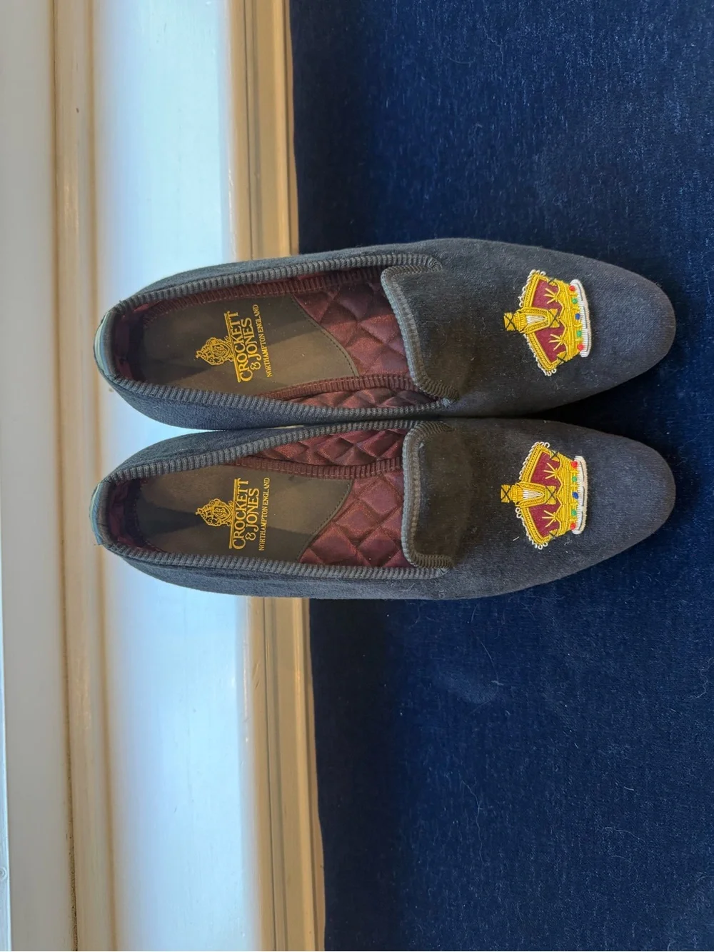 Crockett & Jones Men's Black Velvet Crown-Embroidered Loafers